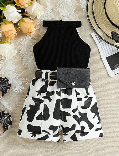  Ragazze 3D Tinta unica Leopardato Canotta e pantaloncini Nero Senza Maniche Estate Casual Bambino (1-4 anni) 1-3 anni All'aperto Vestibilità comoda