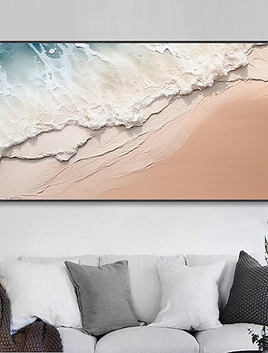  Pintado a mano minimalista pintura del océano sobre lienzo arte de la pared con textura 3d tono tierra olas del mar arte de la pared pintura de la sala decoración de la habitación de moda sin marco