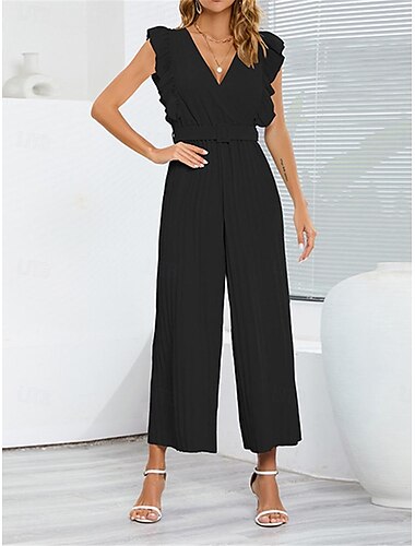  Damen Normal Jumpsuit Elegant Feste Farbe Ärmellos V Ausschnitt Rüsche Hohe Taillenlinie Strasse Täglich Regular Fit Schwarz Weiß Blau Sommer