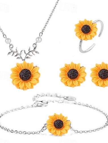  Schmuck, kreative Sonnenblumen-Halskette, Sonnenblumen-Ohrringe, Ring, Blumen-Armband, vierteiliges Set