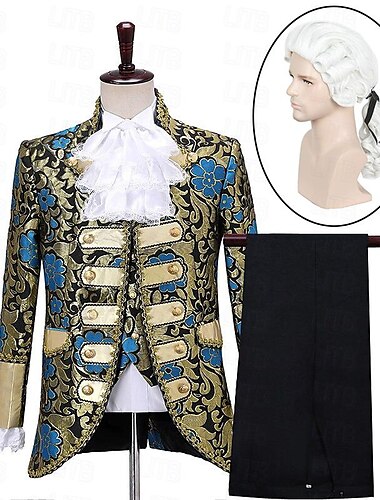  Set mit Prinz Aristokrat Vintage mittelalterliche Renaissance Hosen Outfits Anzüge Anwalt lockige Perücke 2 Stück Männer Retro Cosplay Krawatte Halloween Maskerade Party