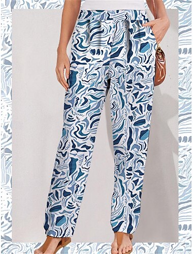  Mujer Chinos Pantalones Poliéster Bolsillo Estampado Media cintura Longitud total Azul Primavera