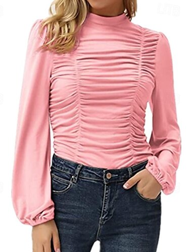  Tシャツ 女性用 ブラック ホワイト ピンク 純色 フリル ストリート 日常 ファッション ハイネック レギュラー パフスリーブ S