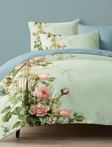  L.T.Home 100% Cotton Sateen Duvet Cover Set Reversible Premium 300 Thread Count Floral Pattern Elite Bedding Set Queen King Size