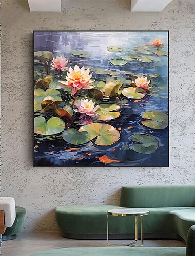  håndlavet originalt lotusblomst oliemaleri på lærred vægkunstindretning minimalistisk sø til boligindretning med strakt ramme/uden indvendig rammemaling