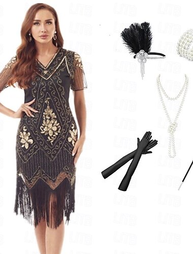  De livlige 20-årene 1920-tallet Cocktail Kjole Flapper kjole Cocktailkjole Tilbehør sett Den store Gatsby Bryllupsgjest Paljetter Dusk Dame Maskerade Fest / aften Skoleball Bryllupsmottagelse Voksne