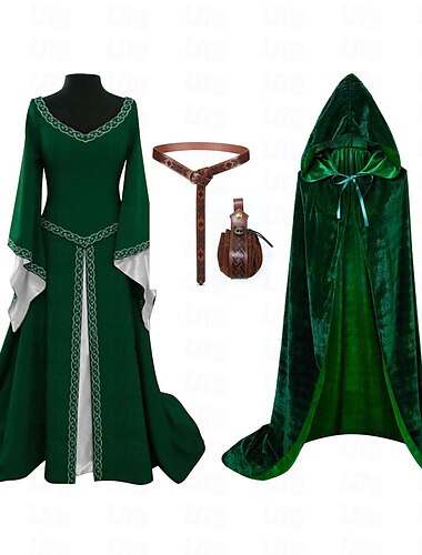  Medieval Renacimiento Vestido Cóctel Cinturón Vestido de fiesta de graduación capa con capucha Feria del Renacimiento Vikingo forastero élfico Mujer Celta Fantasía Real Víspera de Todos los Santos