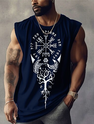  Herren Grafik Stammes Weste Ärmelloses T-Shirt für Herren Kappenärmel T-Shirt 3D-Druck Rundhalsausschnitt Hemd Designer Ethnisch Muskel Täglich Sport Fitnessstudio Schwarz Weiß Marineblau Frühling