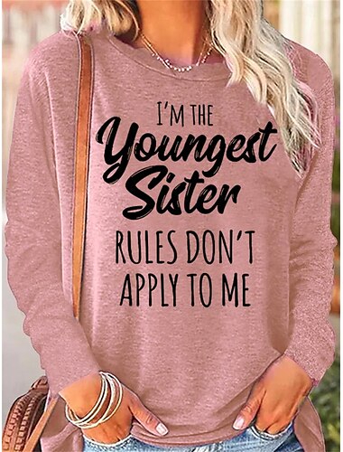  Damen T Shirt Buchstabe Familie Modisch Langarm Rundhalsausschnitt Normale Oberteile Täglich Wochenende Bedruckt Schwarz Rosa Blau Grün Khaki Frühling & Herbst Frühling, Herbst, Winter, Sommer
