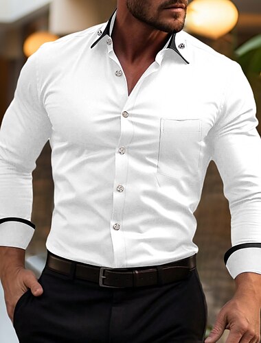  Herren Hemd Oberhemd Bügelfreies Hemd Farbblock Büro & Karriere Hochzeitsfeier Schwarz Weiß Rosa Wein Langarm Kargen Frühling & Herbst Bekleidung Tasche