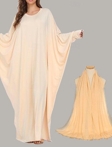  Set mit arabischem muslimischem Kleid, Abaya, arabisches Kleid für Erwachsene, muslimischer Hijab, Kopfwickel, einfarbig, Chiffon-Schal, Hijab, langer Schal, Wickelschals, 175 x 70 cm, 2 Stück,