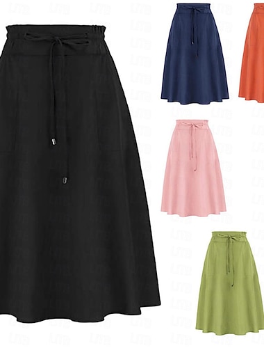  Dame Grunnleggende Fritid Knelang Høy Midje Skjørt Ensfarget Snorer Lomme Fritid / hverdag Helg Svart Rosa Navyblå Oransje Sommer Lin i bomull