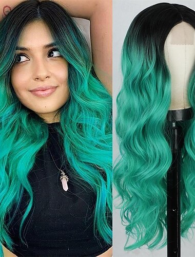  Lange gewellte Perücke für Frauen, Ombré-Grün, Mittelteil-Perücken, blaugrüne Perücken, langes lockiges synthetisches, hitzebeständiges Haar mit natürlichem Haaransatz, für Cosplay-Partys,