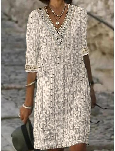  Damen Minikleid Weißes Kleid schwarzes kleid A Linie Kleid Boho-Kleid Elegant Täglich Lässiger Schnitt Geometrisch Halbarm V Ausschnitt Schwarz Weiß Beige Sommer Frühling Winter