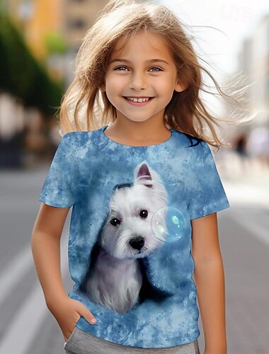  flickor 3D-hundtröja rosa kortärmad 3D-tryck sommar aktiv mode söt polyester barn 4-12 år rund hals utomhus casual daglig normal passform