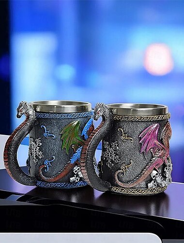  middeleeuwse drakenmok - kerkers en draken biermok drinkmok - roestvrijstalen koffiemok voor verzamelaars van drakenliefhebbers - ideaal gotisch cadeau, feestdecoratie