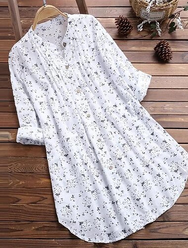  Chemise Lin Hauts longs en coton Top en coton blanc Chemisier en coton blanc Femme Blanche Bleu Vert Floral Bouton Imprimé Plein Air du quotidien Mode Col Rond Coton Lin Standard M