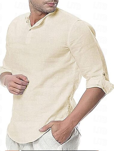  Hombre Camisa Camisa de lino Camisa de verano Camisa de playa Plano Vacaciones Hawaiano Blanco Rosa Marrón Caqui Manga Larga Cuello Barco Primavera & Otoño Ropa Abotonar