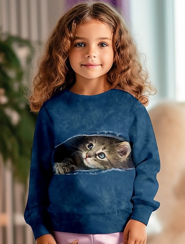  Jente 3D Katt Genser Pullover Langermet 3D-utskrift Vår Høst Mote Gatemote Bedårende Barn 3-12 år Crew-hals utendørs Avslappet Daglig Normal