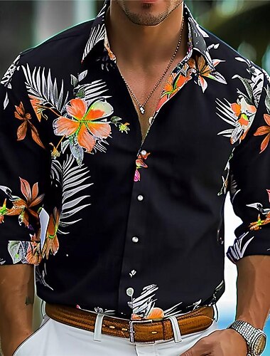  Voor heren Bloemig Tropische bloemen Hawaiiaans overhemd Aloha-shirt Bedrukte overhemden Lange mouw Overhemd Strijkijzer Hawaii Toevlucht Vakantie Straat Feestdagen Blozend Roze Oranje Groen S M L