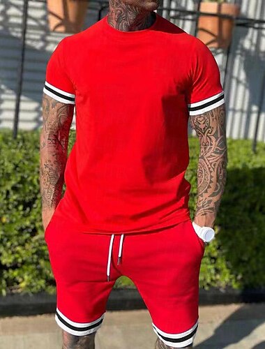  Herren T-Shirt Anzüge 2-teiliges Outfit T-Shirt und Shorts Kurzarm Rundhalsausschnitt Sommer Einfach Mode Lässig Patchwork 2 teilig Urlaub Alltagskleidung Ausgehen Schwarz Rote Marineblau Top T-Shirt
