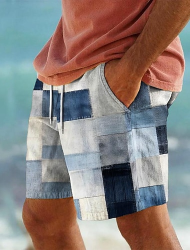  Bloque de color a cuadros Resort para hombre Pantalones cortos con estampado 3D Bañador Cintura elástica Cordón con forro de malla Aloha Estilo hawaiano Vacaciones en la playa S a 3XL