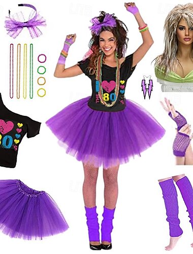  Disko 1980er Austattungen T-Shirt-Ärmel Damen Kostüm Stirnbänder Stränge Halskette Jahrgang Cosplay Maskerade Party & Abend Klub Mehre Accessoires Schlager Outfit