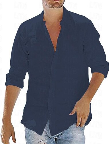  Men's Shirt Summer Shirt Button Up Shirt Casual Shirt Beach Shirt Black White Dark Blue Long Sleeve Plain Lapel Hawaiian Holiday Clothing Apparel Fashion Casual Comfortable