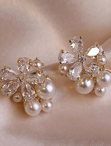  Clear White Fine Jewelry Classic Floral Flower Cute Stylish Earrings Jewelry Gold For Wedding Party 1 Pair
