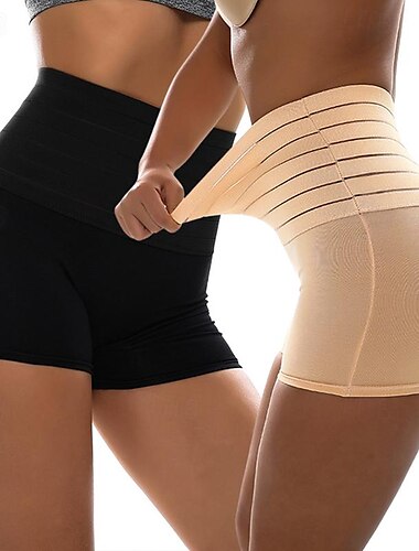  2-teilige Damen-Shapewear, lässige/sportliche Shorts, Scrunch-Po-Shorts, Anti-Scheuer-Shorts, kurze Hosen, Wochenende, Yoga, dehnbar, einfarbig, Bauchkontrolle, Po-Lift, hohe Taille, dünn, weiß, schwarz, beige
