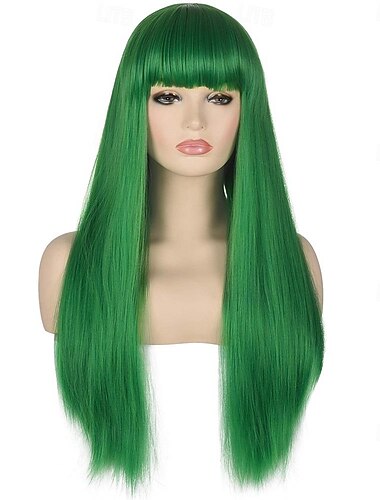  26 lange, gerade, grüne, synthetische, resistente Haarperücken mit Pony, natürlich aussehende Perücke für Frauen, Halloween, Cosplay, St. Patrick's Day-Perücken