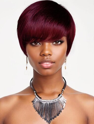  Kurze Bob-Perücke, Echthaar-Perücke im Pixie-Schnitt für schwarze Frauen, keine Lace-Front-Perücke mit Pony, geschichtet, gewellt, maschinengefertigte Vollperücke, Farbe 1b