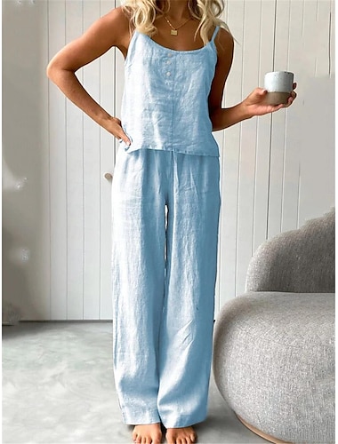  Mujer Pijamas Conjuntos Color puro Sencillo Básico Confort Hogar Diario Cama Algodón y lino Transpirable Correas Sin Mangas Top de tirantes Verano Blanco Azul Piscina