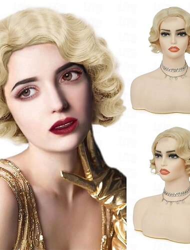  Blonde kurze lockige Perücken für Frauen 1920er Fingerwellen-Perücke synthetisch hitzebeständig Vintage-Cosplay-Kostümhaare-Perücke Halloween-Perücken