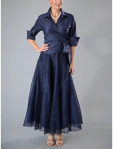  zweiteiliges A-Linien-Kleid für die Mutter der Braut, formelle Hochzeitsgäste, elegantes Kleid, Hemdkragen, knöchellang, Organza, italienischer Satin, halbe Ärmel, mit Schleife(n), Rüschenbandage,