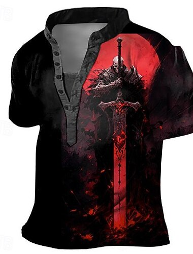  Camisa Masculina de Halloween com Cruz dos Cavaleiros Templários Subcultura Gótica Camiseta Henley Impressão 3D Camiseta Roupas para Feriados Saída Camiseta Preta/Branca Henley Preto Vermelho Roupas