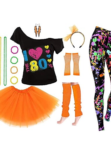  Disko 1980er Austattungen T-Shirt-Ärmel Damen Kostüm Stirnbänder Stränge Halskette Jahrgang Cosplay Maskerade Party & Abend Klub Mehre Accessoires Schlager Outfit