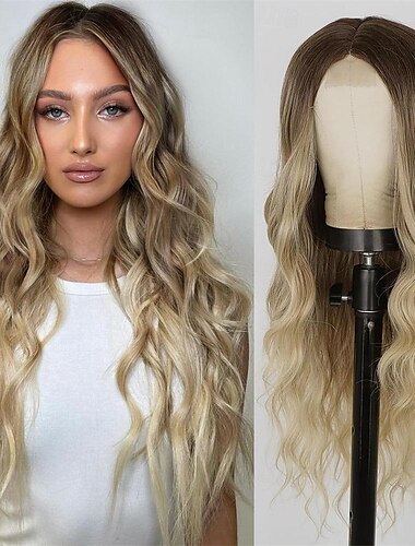  Lange gewellte Perücke für Frauen, Ombré-Grün, Mittelteil-Perücken, blaugrüne Perücken, langes lockiges synthetisches, hitzebeständiges Haar mit natürlichem Haaransatz, für Cosplay-Partys,