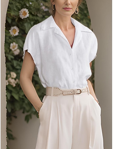  Mujer Camisa Blusa Lino Plano Casual Botón Blanco Manga Corta Básico Moderno Cuello Camisero Verano