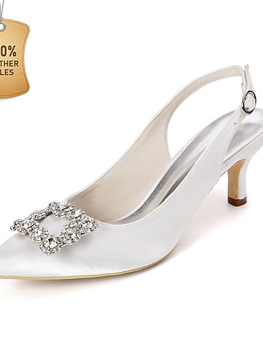  Γυναικεία Γόβες Σατέν Σπρινγκ Παπούτσια άνεσης Νυφικά Παπούτσια Τεχνητό διαμάντι Κρυσταλλάκια Γατίσιο Τακούνι Μυτερή Μύτη Κομψό Σατέν Πόρπη Λευκό Κρύσταλλο Ασημί
