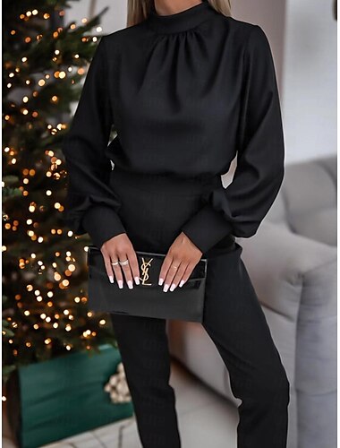  Shirt Blouse Women's Black White Khaki Pure Color Shirred Daily Elegant Round Regular Fit S