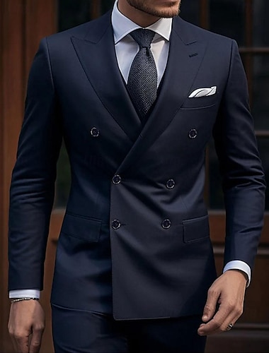  Trajes de boda para hombres Homecoming traje azul oscuro de negocios diarios de color sólido ajuste entallado 2 piezas de doble botonadura con seis botones