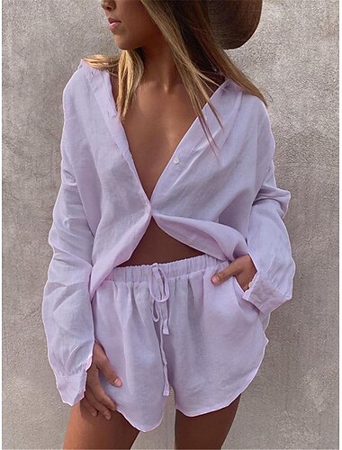  Women's Loungewear Sets Pure Color Fashion Street Going out Airport Polyester Breathable Lapel Long Sleeve Shirt Shorts Pocket Elastic Waist Summer Spring Light Green Light Brown