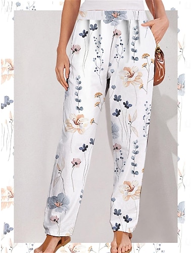  Mujer Chinos Pantalones Poliéster Bolsillo Estampado Media cintura Longitud total Blanco Primavera