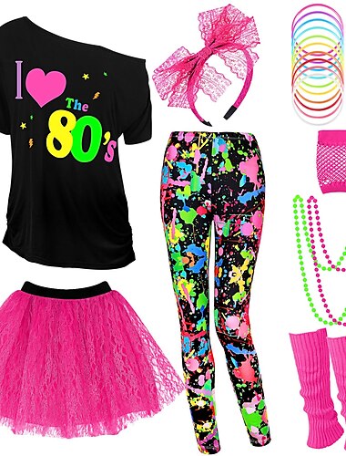  Anni '80 T-shirt Set di accessori Per donna Halloween Carnevale Mascherata Festa / Sera Parata dell'Orgoglio Mese dell'orgoglio Adulti Gonna Guanti Scaldamuscoli