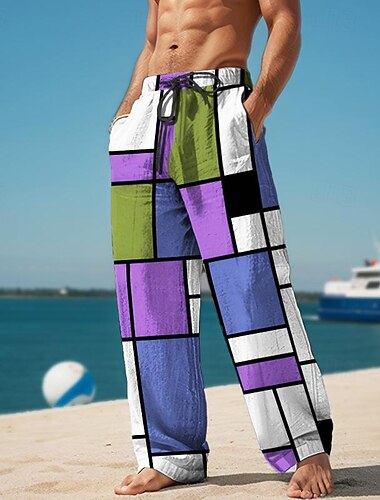  منقوشة كتلة اللون الرجال منتجع 3D مطبوعة عارضة السراويل السراويل مرونة الخصر الرباط فضفاضة تناسب مستقيم الساق الصيف بناطيل الشاطئ S إلى 3XL