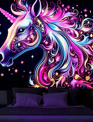  Schwarzlicht Wandteppich UV reaktiv im Dunkeln leuchtend Party Neon Einhorn Tier psychedelisch trippig neblig hängender Wandteppich Wandbild für Wohnzimmer Schlafzimmer