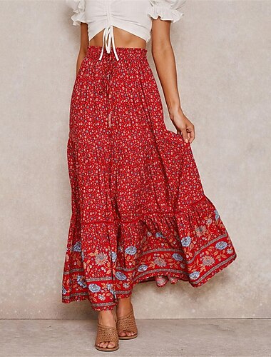  Women's Skirt A Line Swing Bohemia Maxi High Waist Skirts Floral Print Floral Holiday Vacation Summer Polyester Casual Boho Apricot Red