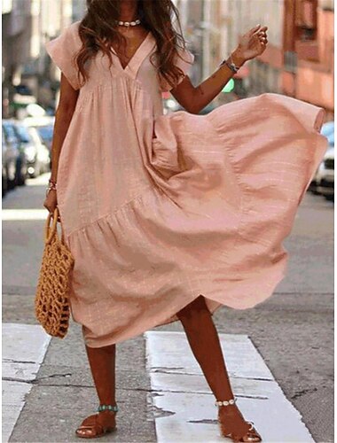  Women's Casual Dress Long Dress Maxi Dress Linen Ruched Date Vacation Streetwear Maxi V Neck Short Sleeve Yellow Pink Fuchsia Color