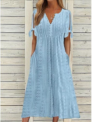  Damen Lässiges Kleid Sommerkleid Faltenkleid Glatt Spitze Rüschen V Ausschnitt Midikleid Modisch Elegant Outdoor Täglich Kurzarm Lockere Passform Weiß Rosa Blau Sommer Frühling S M L XL XXL